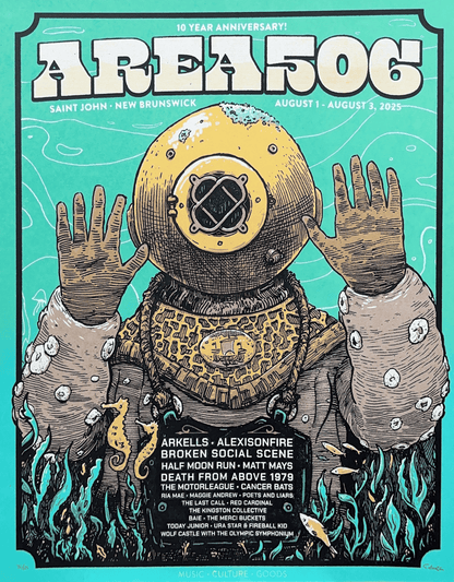 Promotional poster for AREA 506 event with a diver's helmet and hands on a teal background
