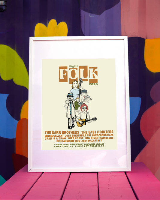 The AREA 506 as FOLK 2026 lineup poster, framed and sitting on a pink picnic table.
