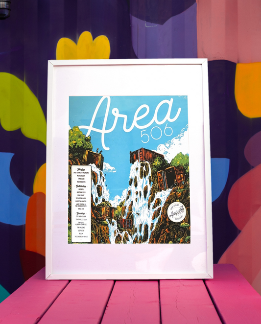 A collectible poster from the 2019 AREA 506 Music Festival, featuring a blue sky with white clouds, a waterfall, and the text 'AREA 506' on a platform with colorful flowers behind it.