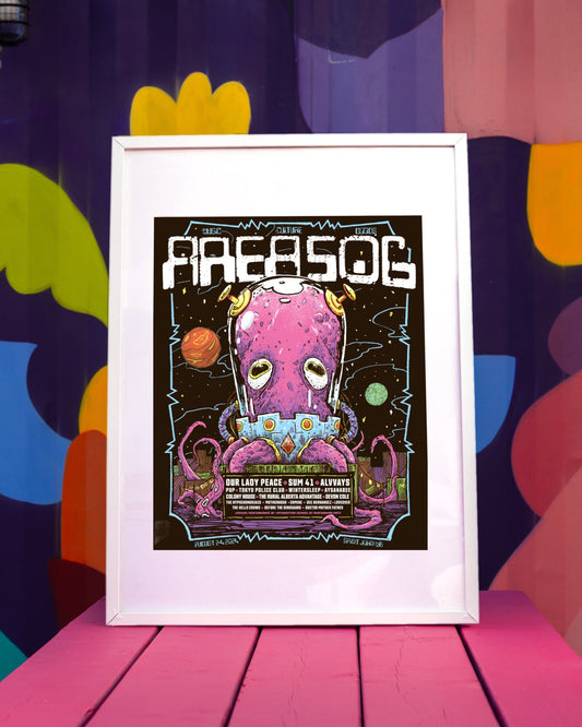 A collectable poster for the 2024 AREA 506 Festival featuring a colorful design with text and a stylized character.