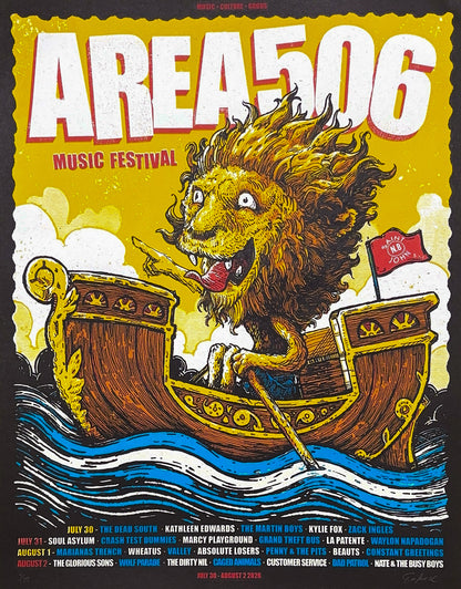 A colorful music festival poster for AREA 506, featuring a stylized cartoon lion in a boat on blue waves, with large white 'AREA 506' text at the top and a list of festival dates and bands along the bottom.