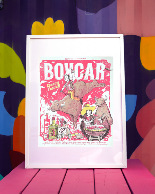 Framed poster with 'Boxcar' design on a colourful background