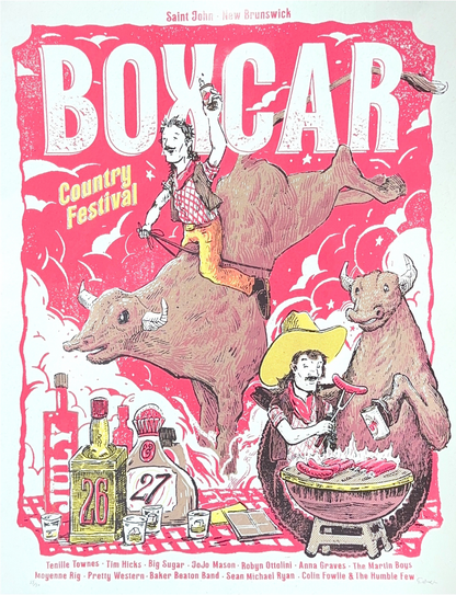 Poster for Boxcar Country Festival with illustrations of people and animals on a red and white background.