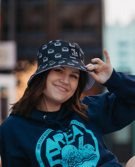 Black bucket hat with white Galley ship imagery, and the AREA 506 Logo.